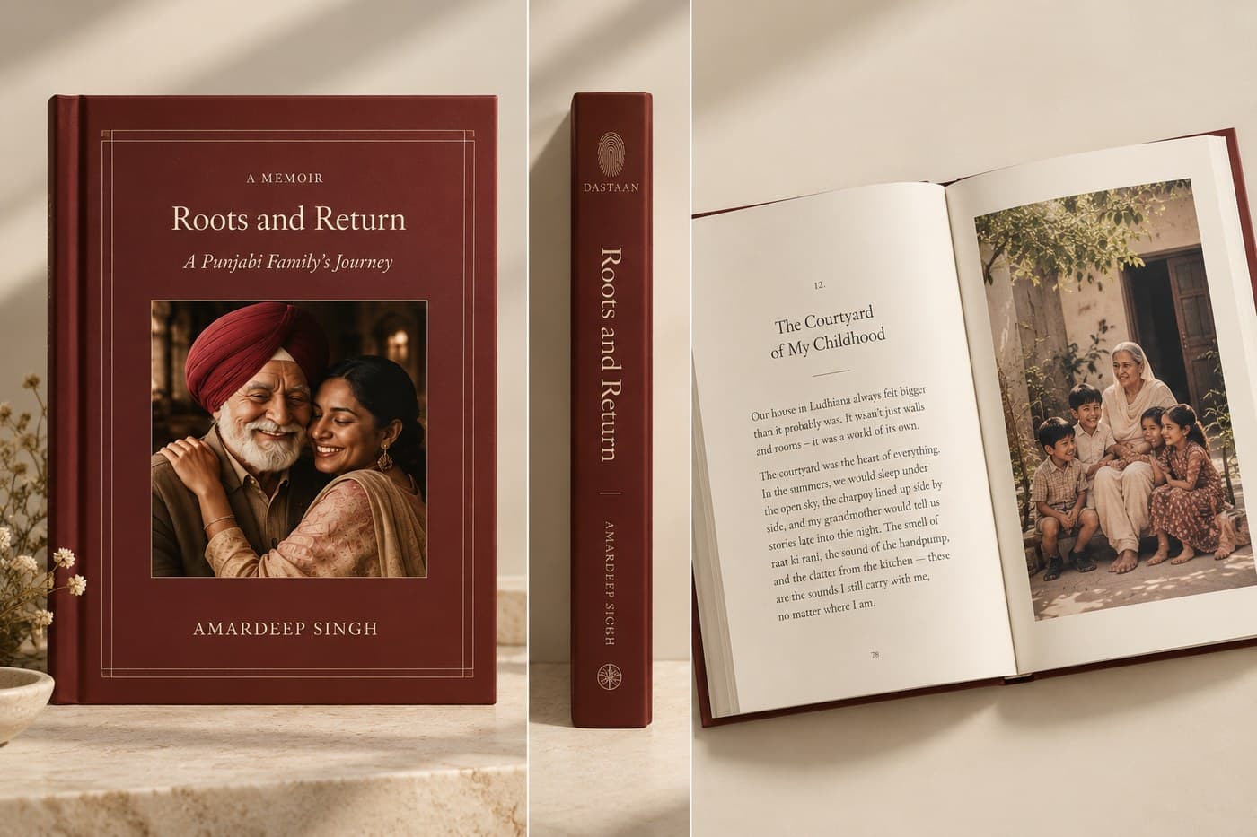 A finished Dastaan memoir — the cover, spine, and an open page with a family photo
