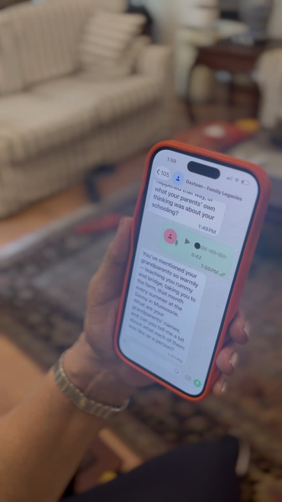 A WhatsApp conversation with Dastaan, a prompt followed by a voice-note reply